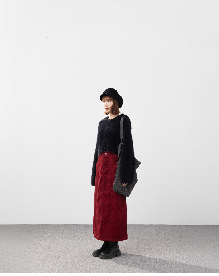 コーデュロイストレートロングスカート レッド