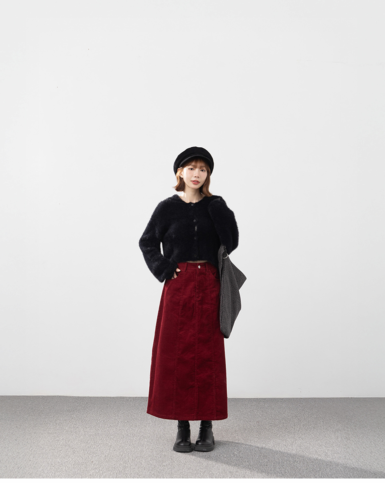 コーデュロイストレートロングスカート レッド