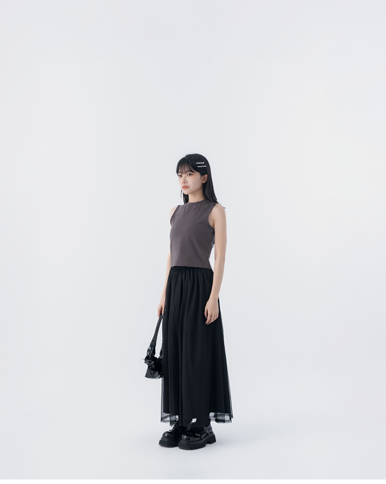 春12未到---二重チュール無地ロングスカート 2色展開
