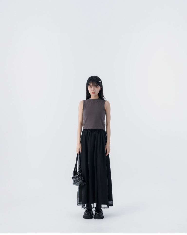 春12未到---二重チュール無地ロングスカート 2色展開