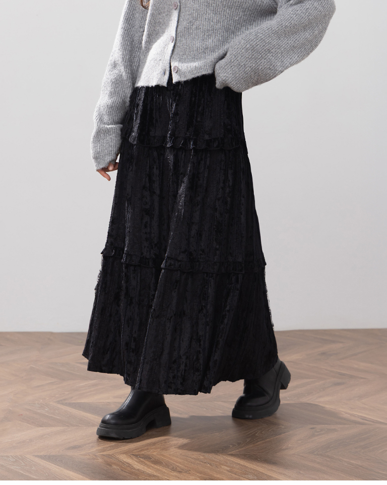 光沢レースフリル\ロングスカート 2色展開