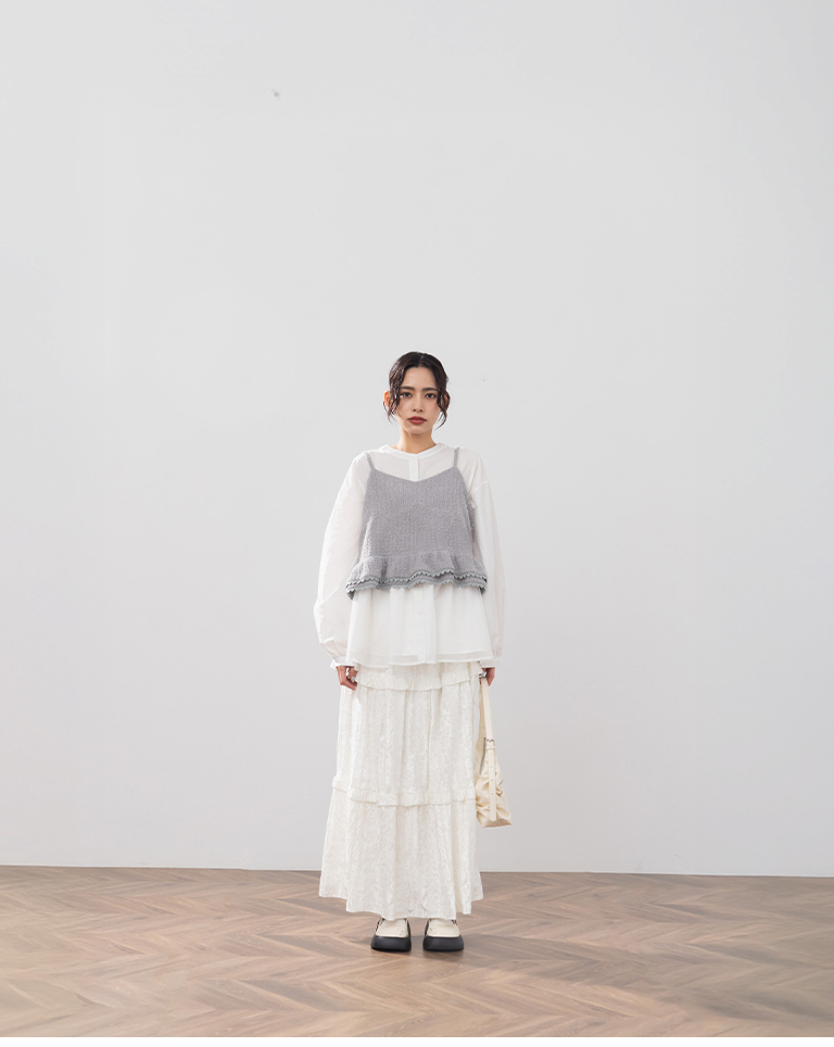 光沢レースフリル\ロングスカート 2色展開