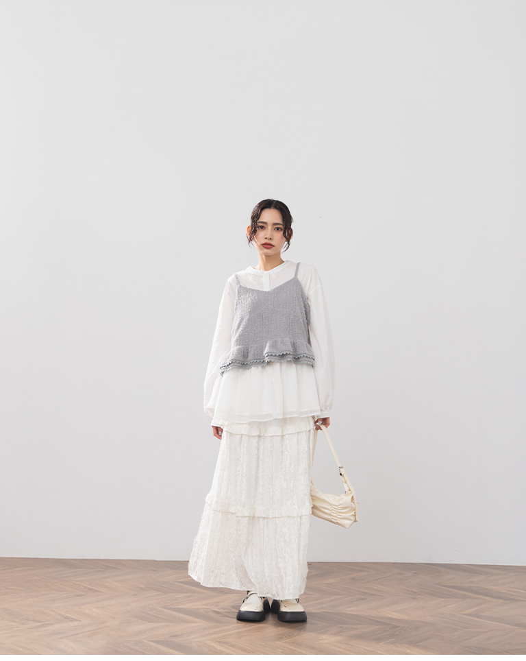 光沢レースフリル\ロングスカート 2色展開