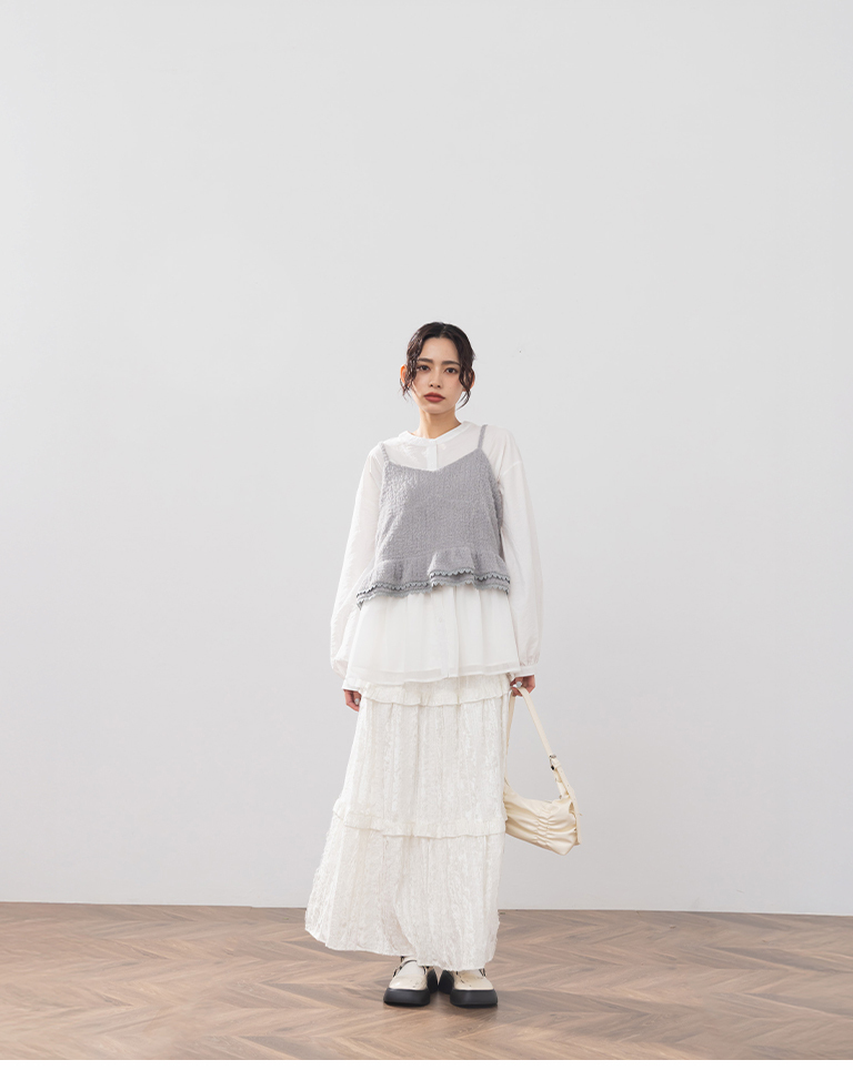 光沢レースフリル\ロングスカート 2色展開