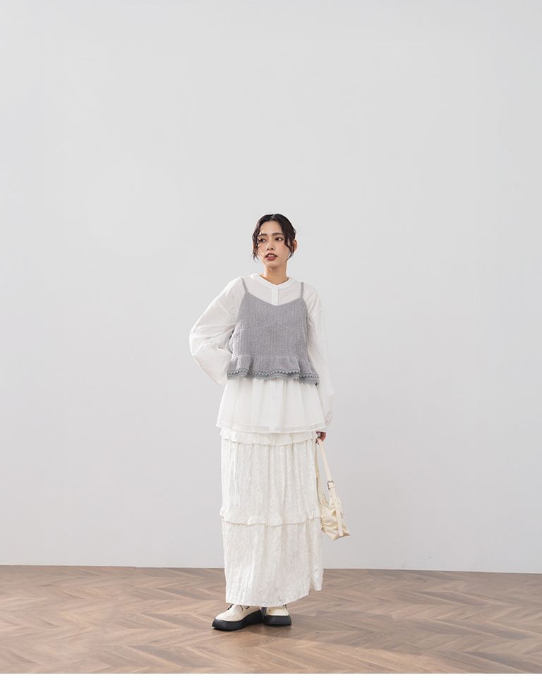 光沢レースフリル\ロングスカート 2色展開
