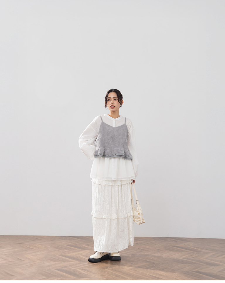 光沢レースフリル\ロングスカート 2色展開