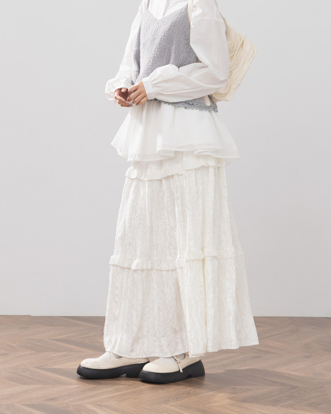 光沢レースフリル\ロングスカート 2色展開