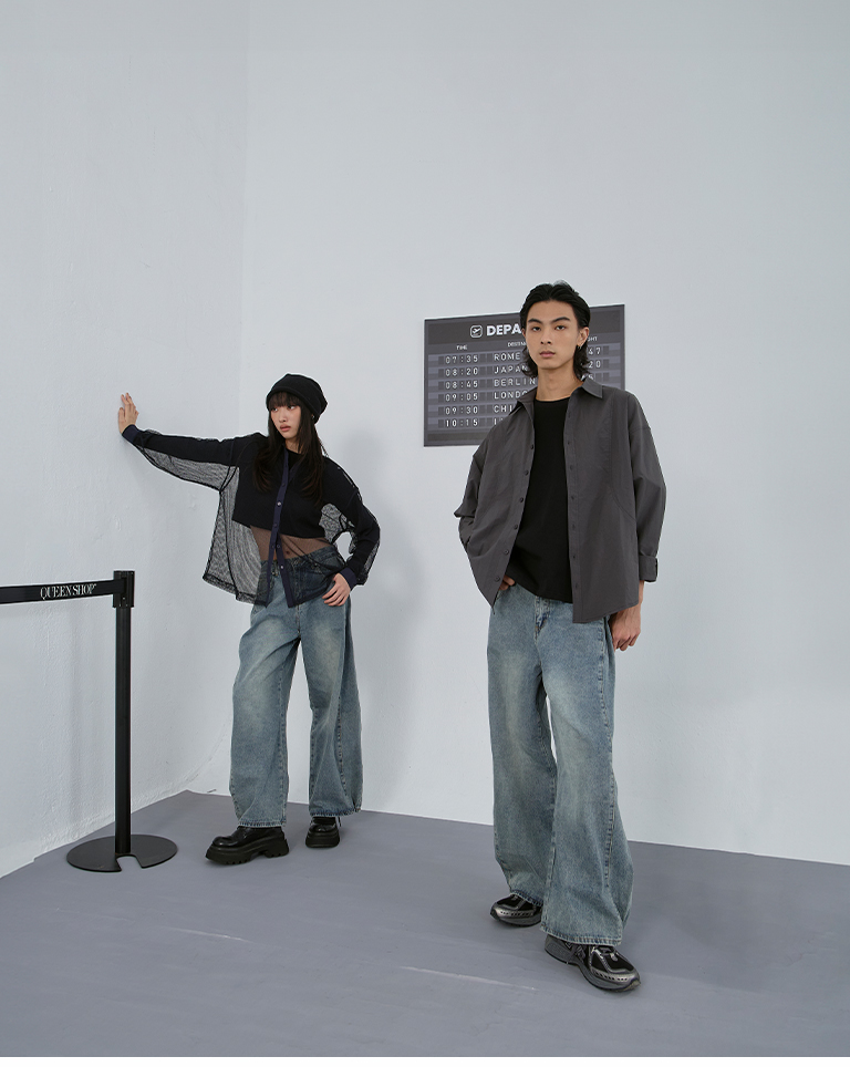 ユニセックスプリーツデニムパンツ