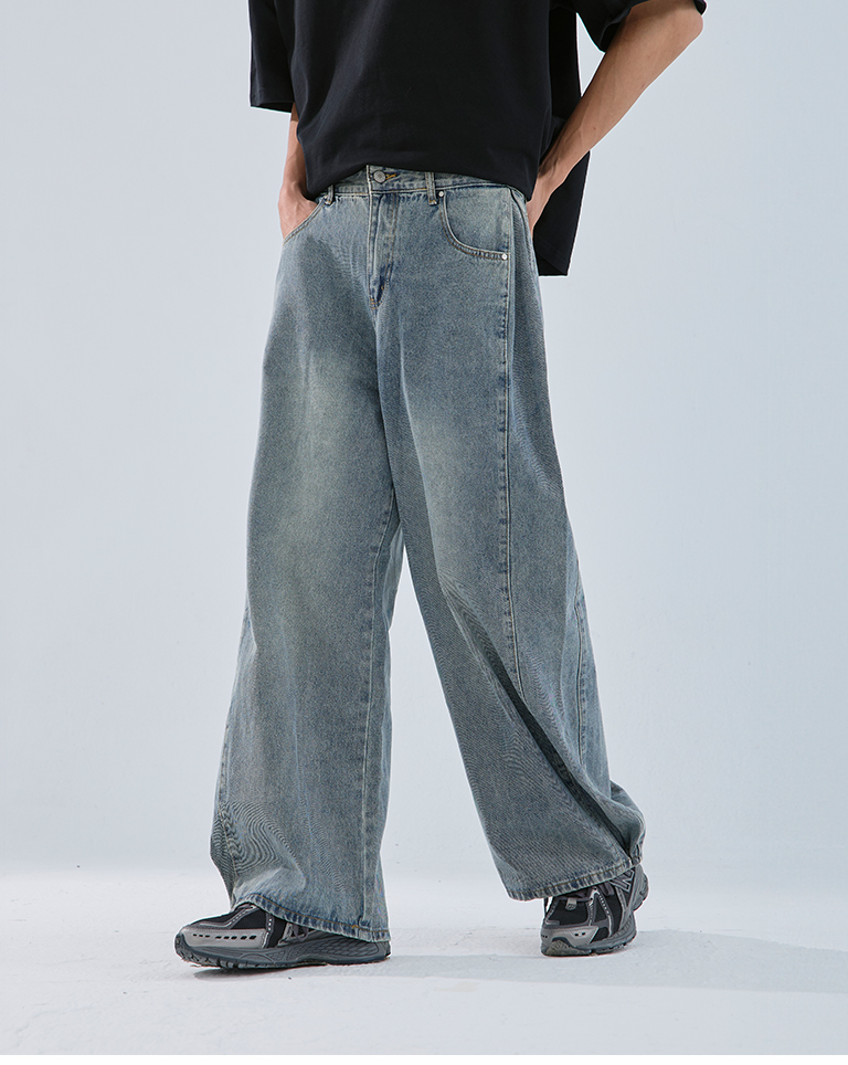 ユニセックスプリーツデニムパンツ