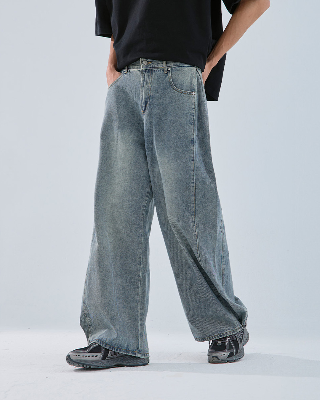 ユニセックスプリーツデニムパンツ