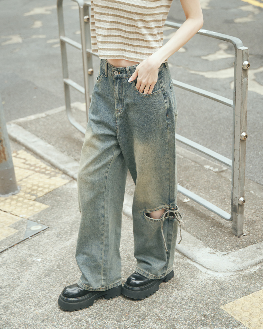 サイドカットアウトリボンウォッシュデニムパンツ 2色展開