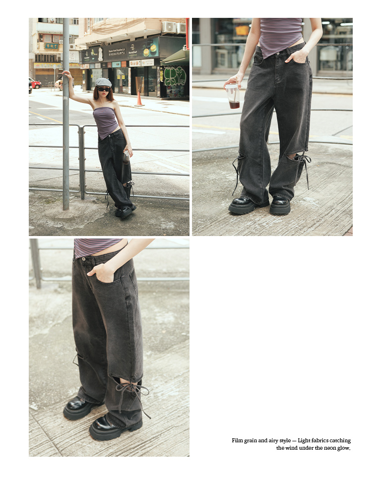 サイドカットアウトリボンウォッシュデニムパンツ 2色展開