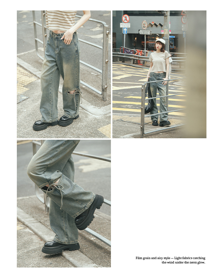 サイドカットアウトリボンウォッシュデニムパンツ 2色展開