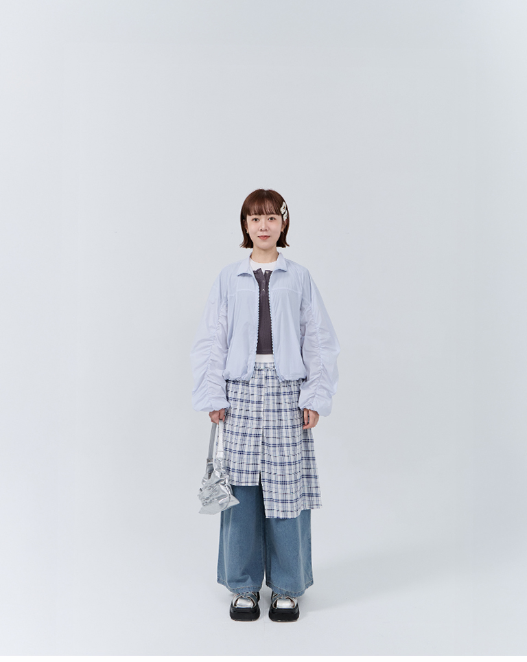 アシンメトリーチェック切替デニムパンツ