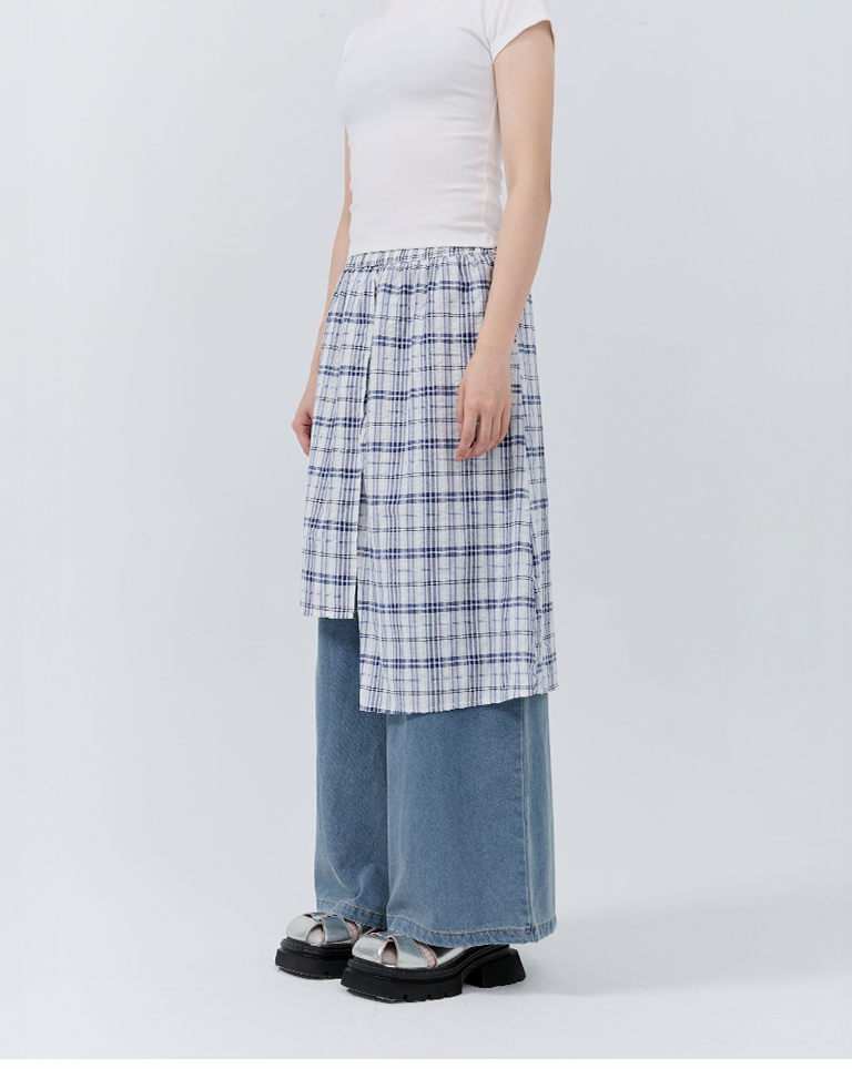 アシンメトリーチェック切替デニムパンツ