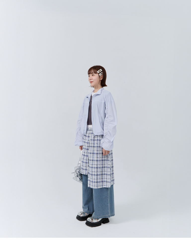 アシンメトリーチェック切替デニムパンツ