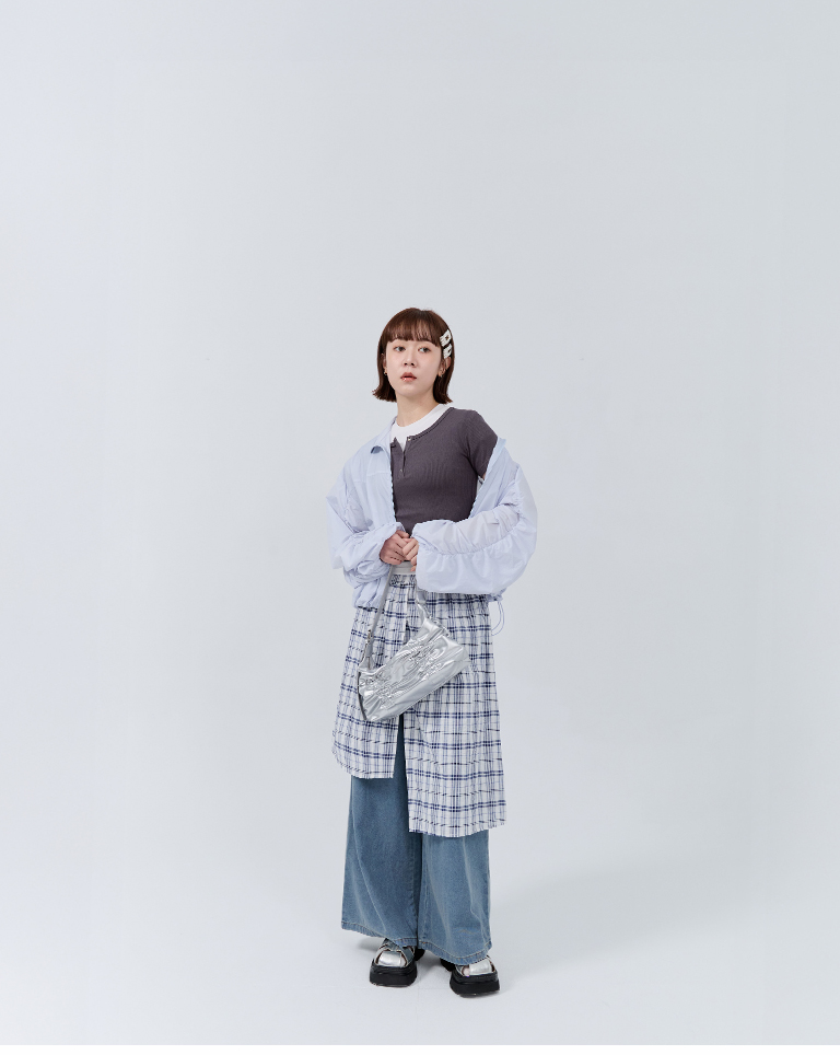 アシンメトリーチェック切替デニムパンツ