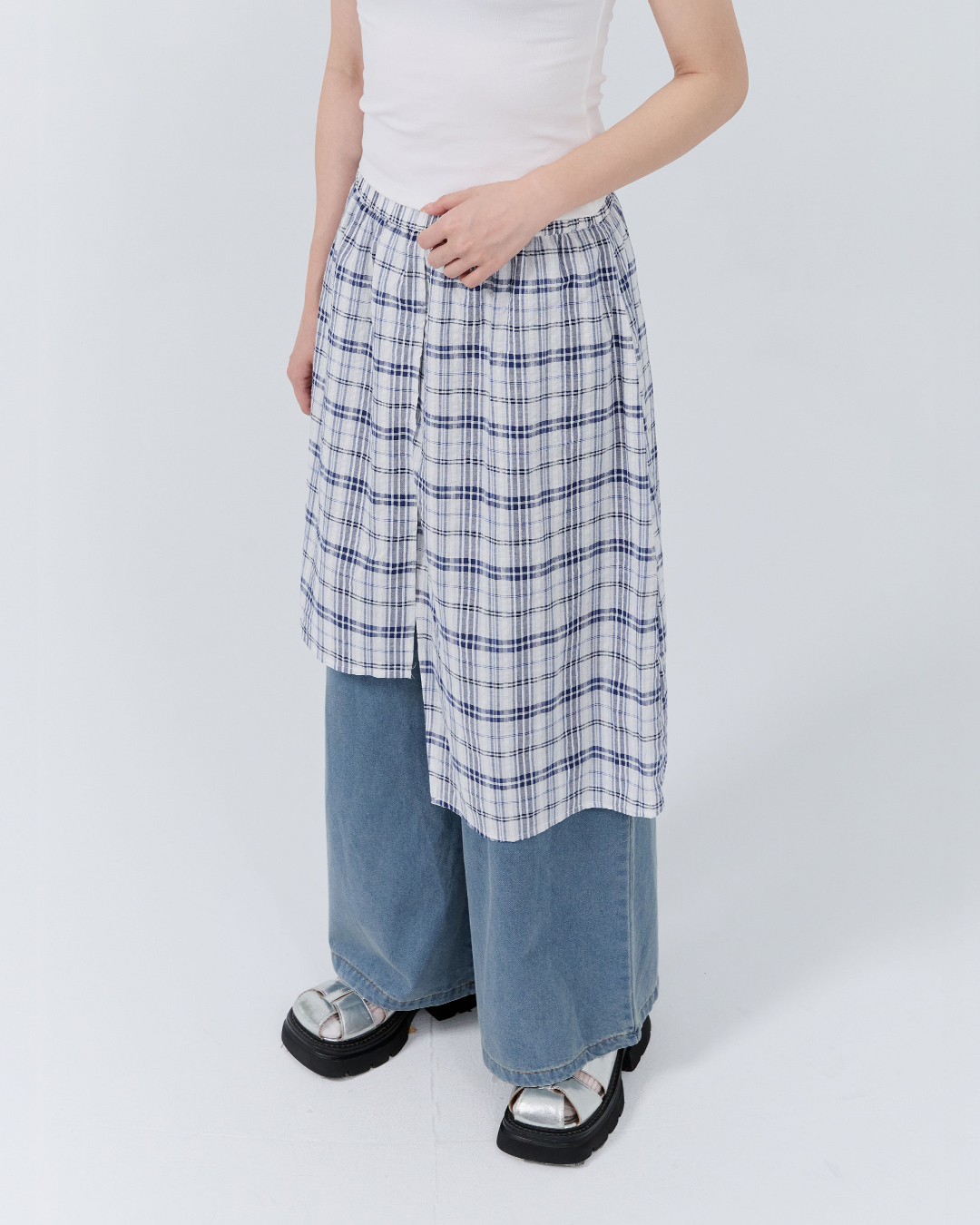 アシンメトリーチェック切替デニムパンツ