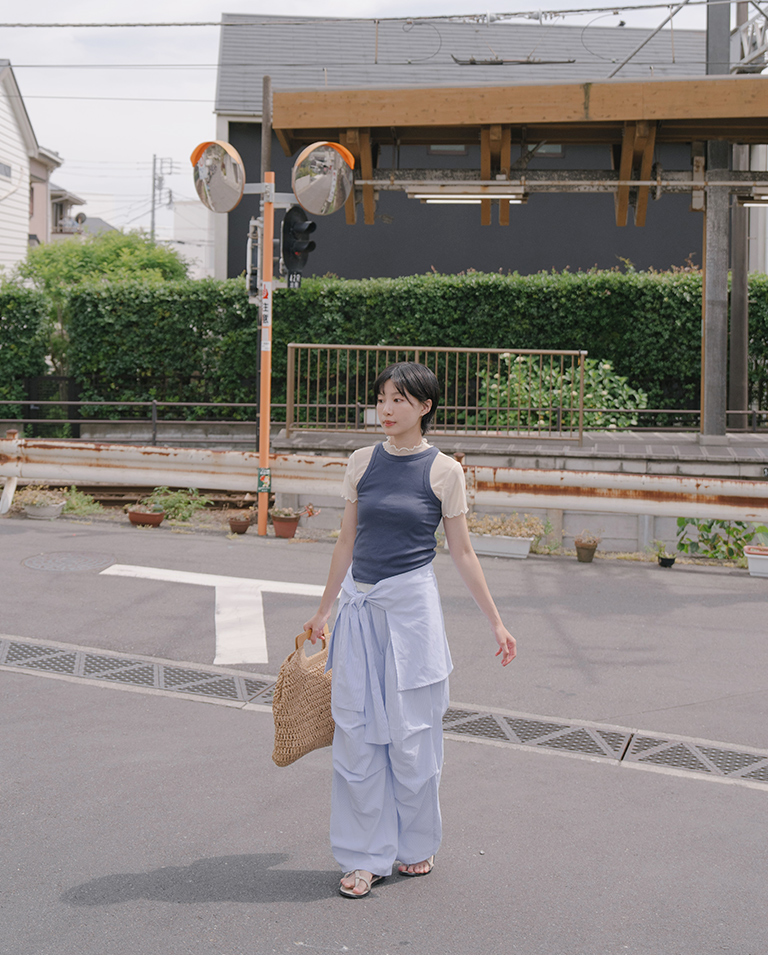 スカートレイヤード風ストライプパンツ