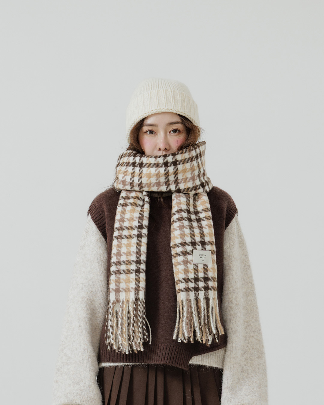チェックニット大判ストール 2色展開
