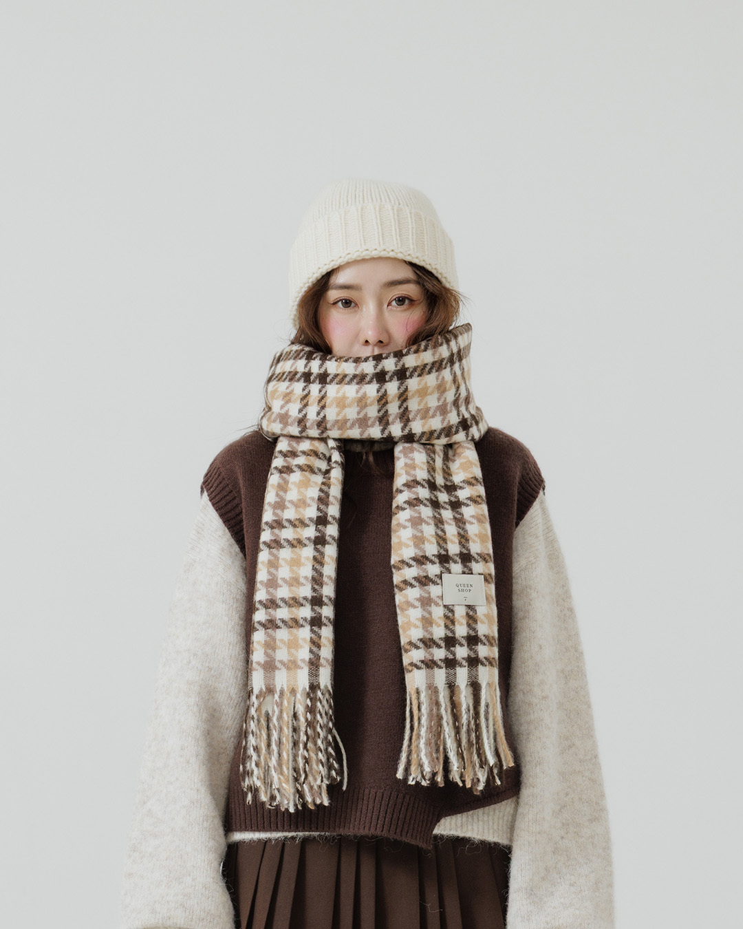 チェックニット大判ストール 2色展開