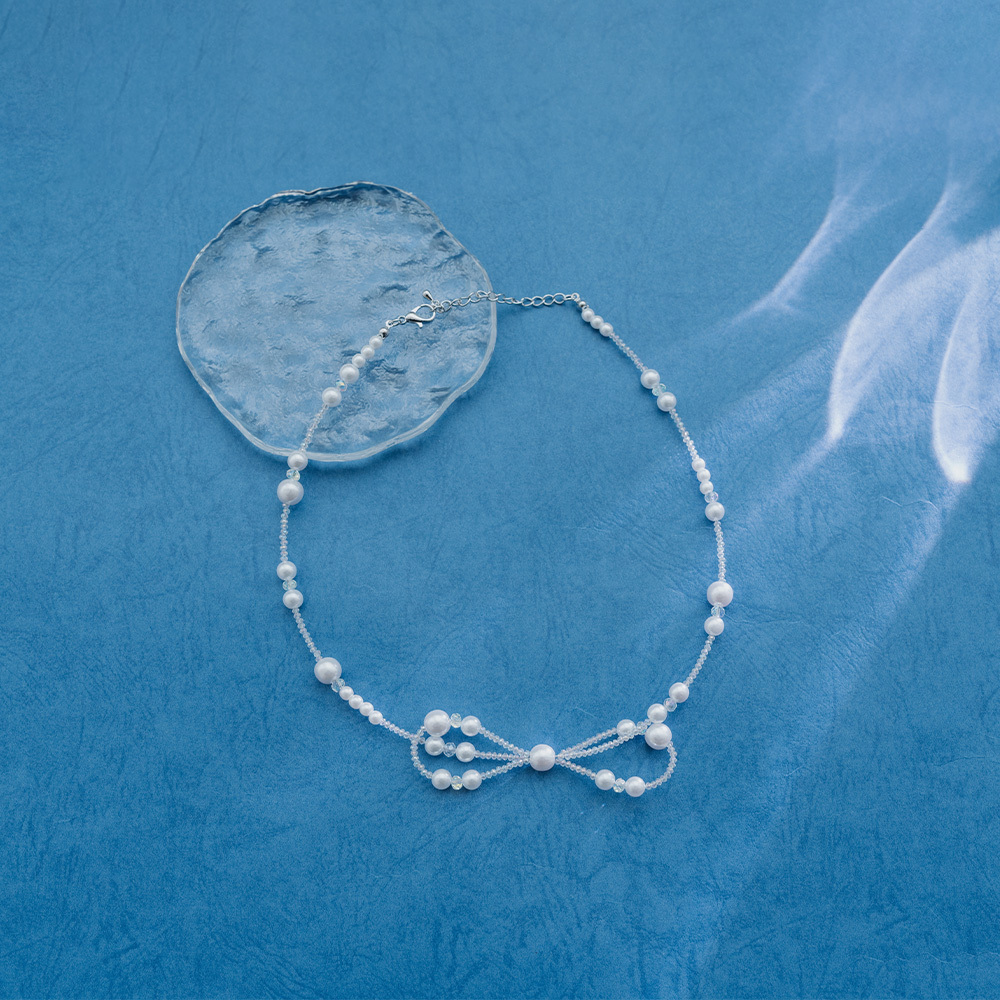 ラメパールリボン ビーズチョーカー