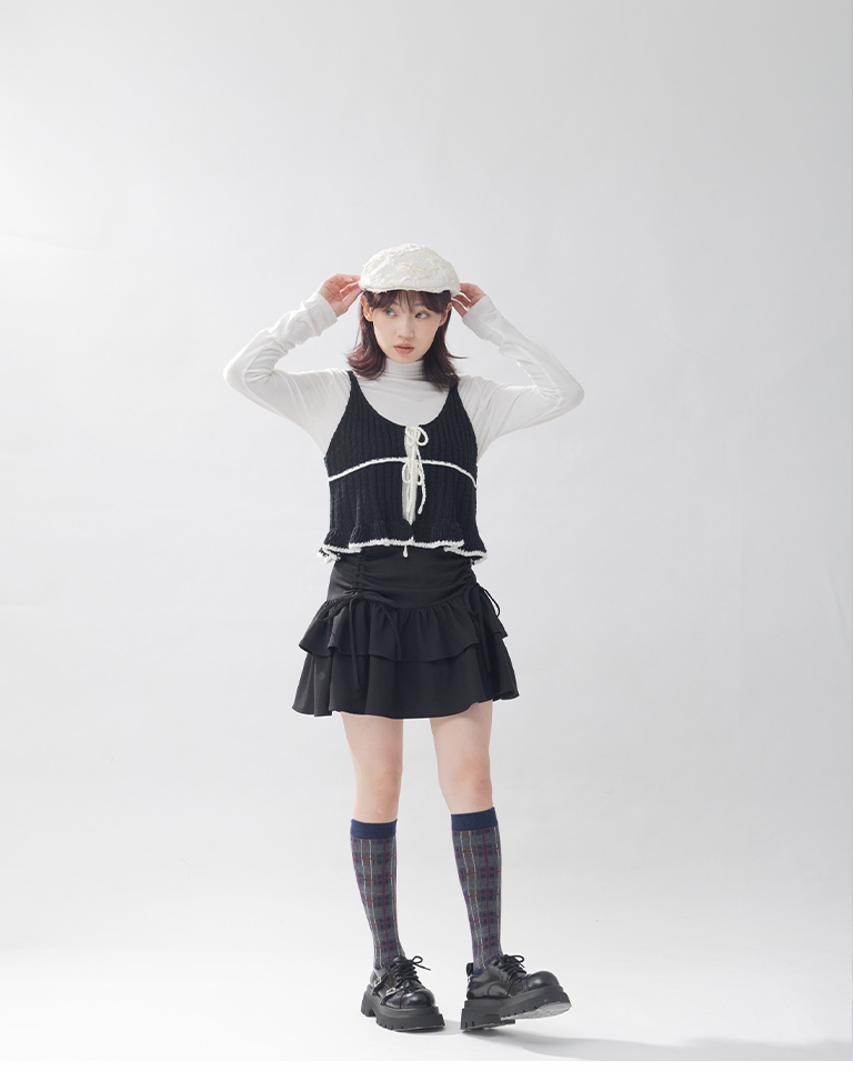 配色チェック柄ニーハイソックス 3色展開