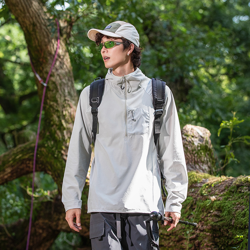 潮牌山系戶外運動長袖T恤男吸溼速幹抗紫外線拉鍊連帽登山服