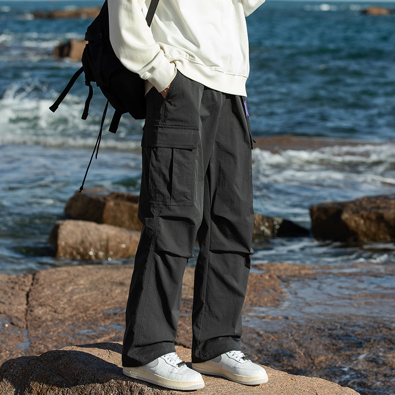 美式機能工裝褲傘兵褶皺闊腿褲男寬鬆直筒休閒復古工裝風