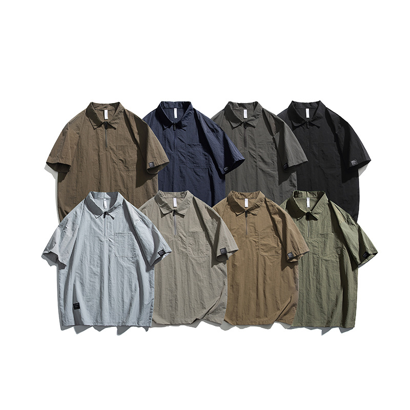 潮牌復古山系戶外機能戶外半拉鍊短袖T恤男防曬寬鬆速幹上衣