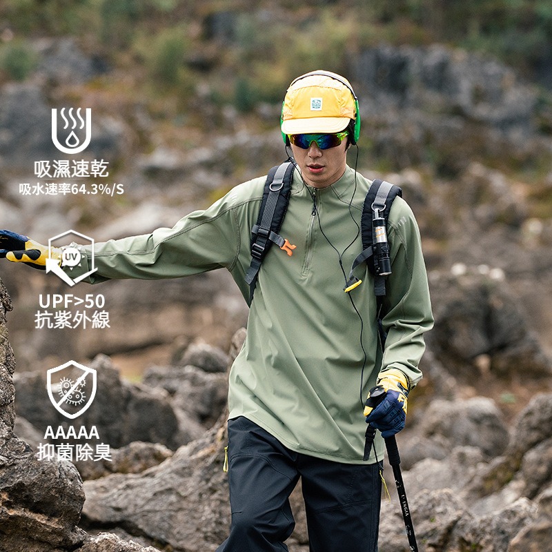 潮牌戶外運動速乾長袖T恤男半開拉鍊健身跑步寬鬆上衣打底衫