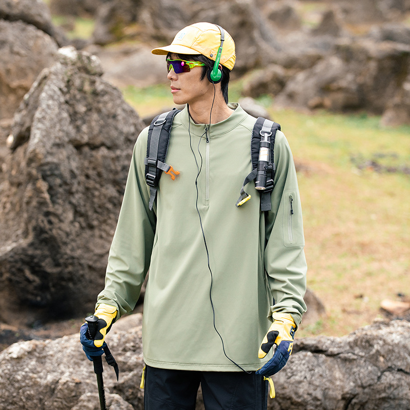 潮牌春季都市通勤半開拉鍊長袖T恤輕薄速乾彈力抗皺防曬上衣