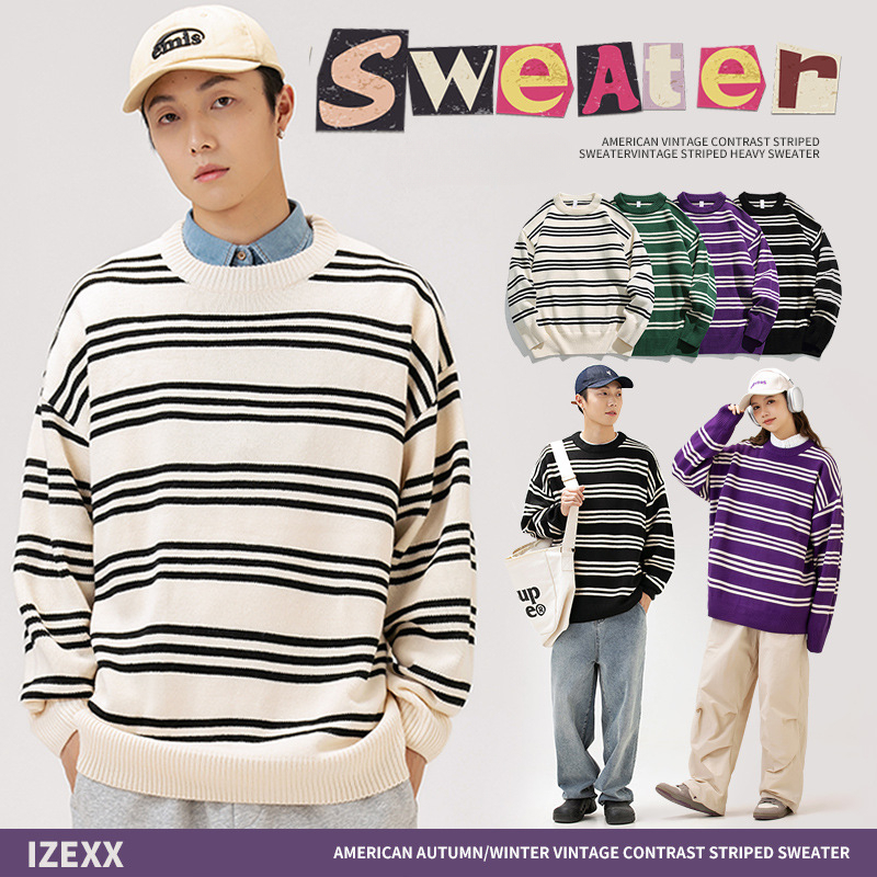 IZEXX2024秋冬新品設計感撞色條紋毛衣男款美式情侶針織衫潮男裝