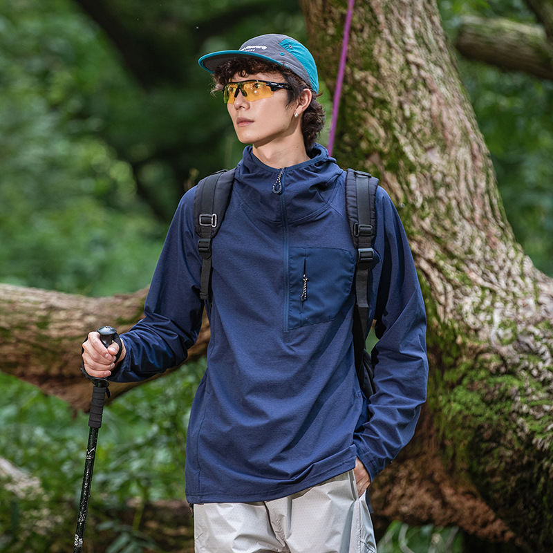 潮牌山系戶外運動長袖T恤男吸溼速幹抗紫外線拉鍊連帽登山服