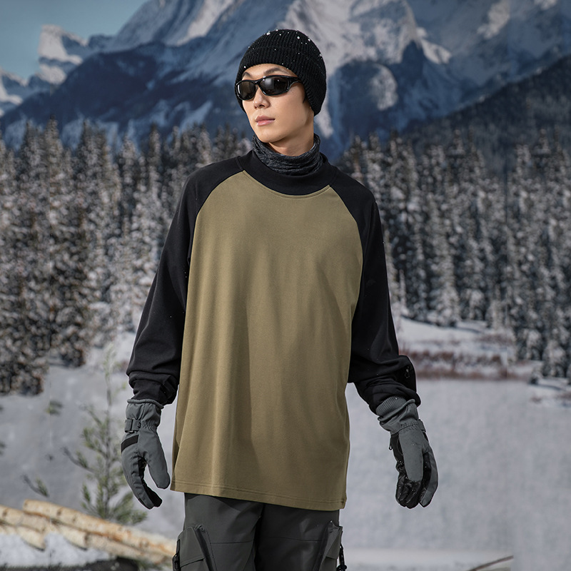 IZEXX潮牌秋冬糯感雙面保暖上衣長袖撞色拼接抗寒鎖溫情侶打底衫