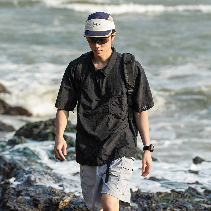 潮牌復古山系戶外機能戶外半拉鍊短袖T恤男防曬寬鬆速幹上衣