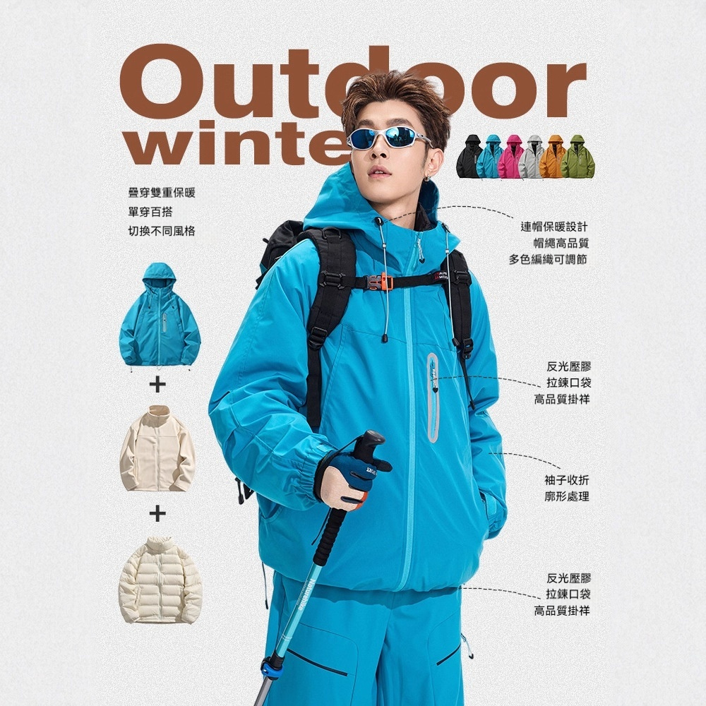 潮牌戶外防風三合一衝鋒衣輕薄羽絨服男女款搖粒絨內膽外套