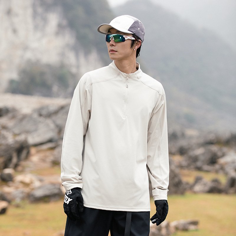 潮牌戶外運動速乾長袖T恤男半開拉鍊健身跑步寬鬆上衣打底衫