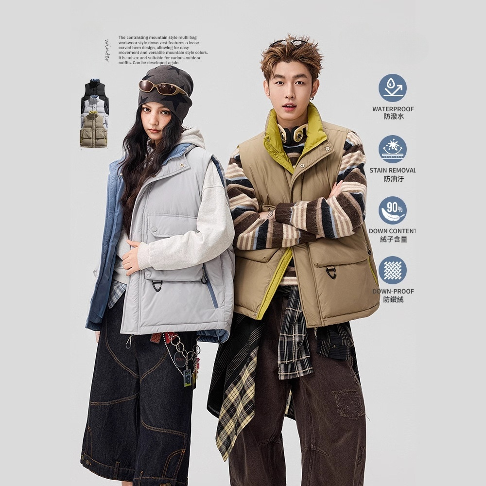 潮牌戶外美式羽絨服馬甲男女款加厚立領多口袋工裝無袖上衣