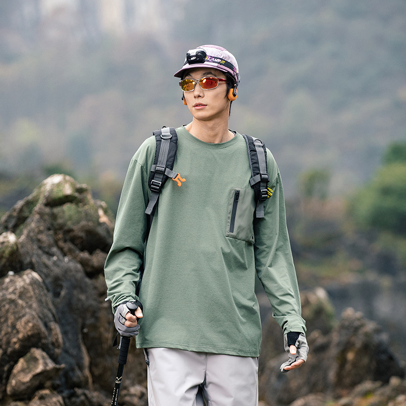 潮牌戶外山系機能風上衣T恤吸汗速幹輕量抗皺長袖圓領衣服男