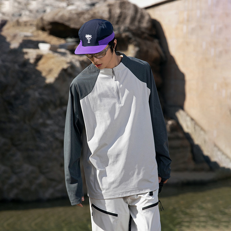 潮牌戶外運動防曬速幹短袖T恤男半開拉鍊拼接情侶款寬鬆上衣