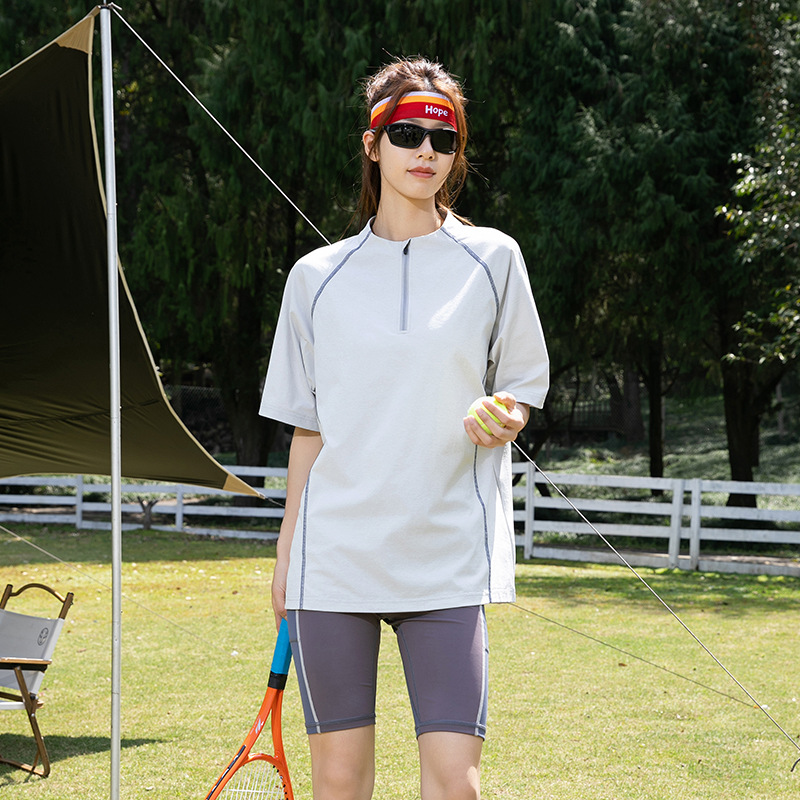 潮牌夏季戶外運動速幹短袖T恤男無領半開拉鍊情侶款修身上衣