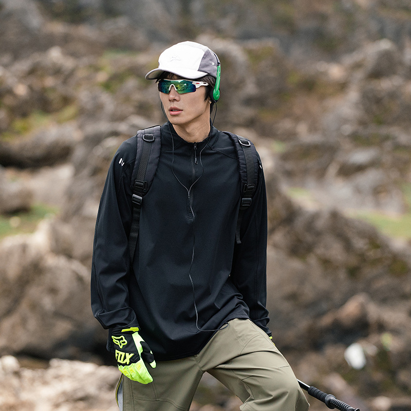 潮牌戶外運動速乾長袖T恤男半開拉鍊健身跑步寬鬆上衣打底衫