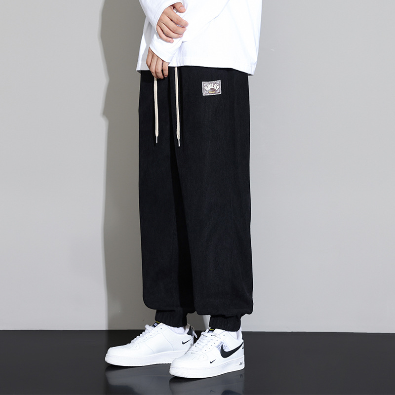 IZEXX美式闊腿束腳燈芯絨衛褲男秋季新款抽繩寬鬆男生休閒運動褲