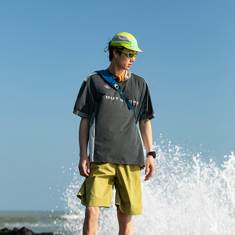 潮牌夏季通勤短袖T恤男運動速乾撞色拼接寬鬆休閒情侶上衣