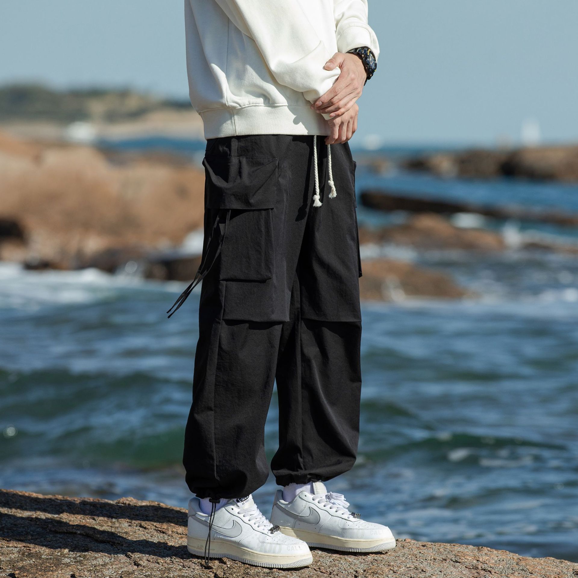 美式高街傘兵褲男多口袋工裝褲針織闊腿褲情侶款休閒褲潮流