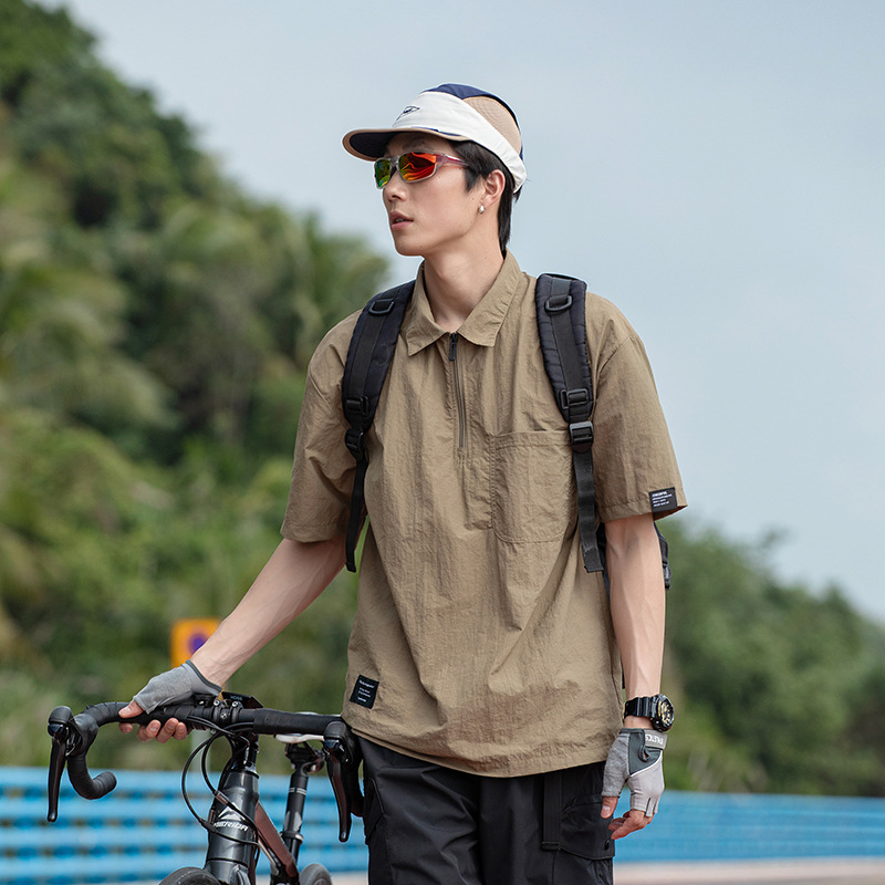 潮牌復古山系戶外機能戶外半拉鍊短袖T恤男防曬寬鬆速幹上衣