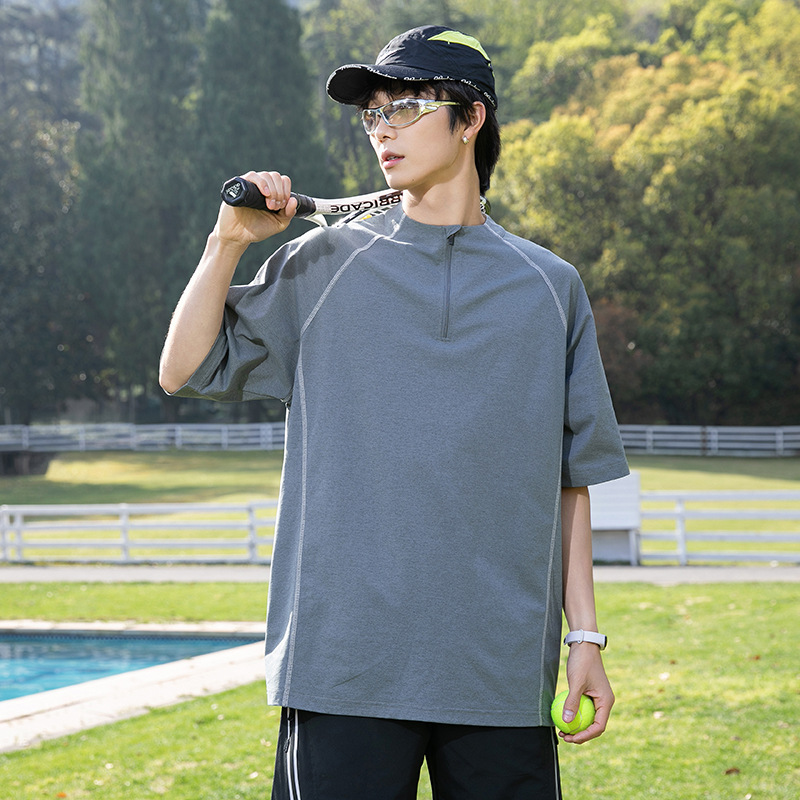 潮牌夏季戶外運動速幹短袖T恤男無領半開拉鍊情侶款修身上衣