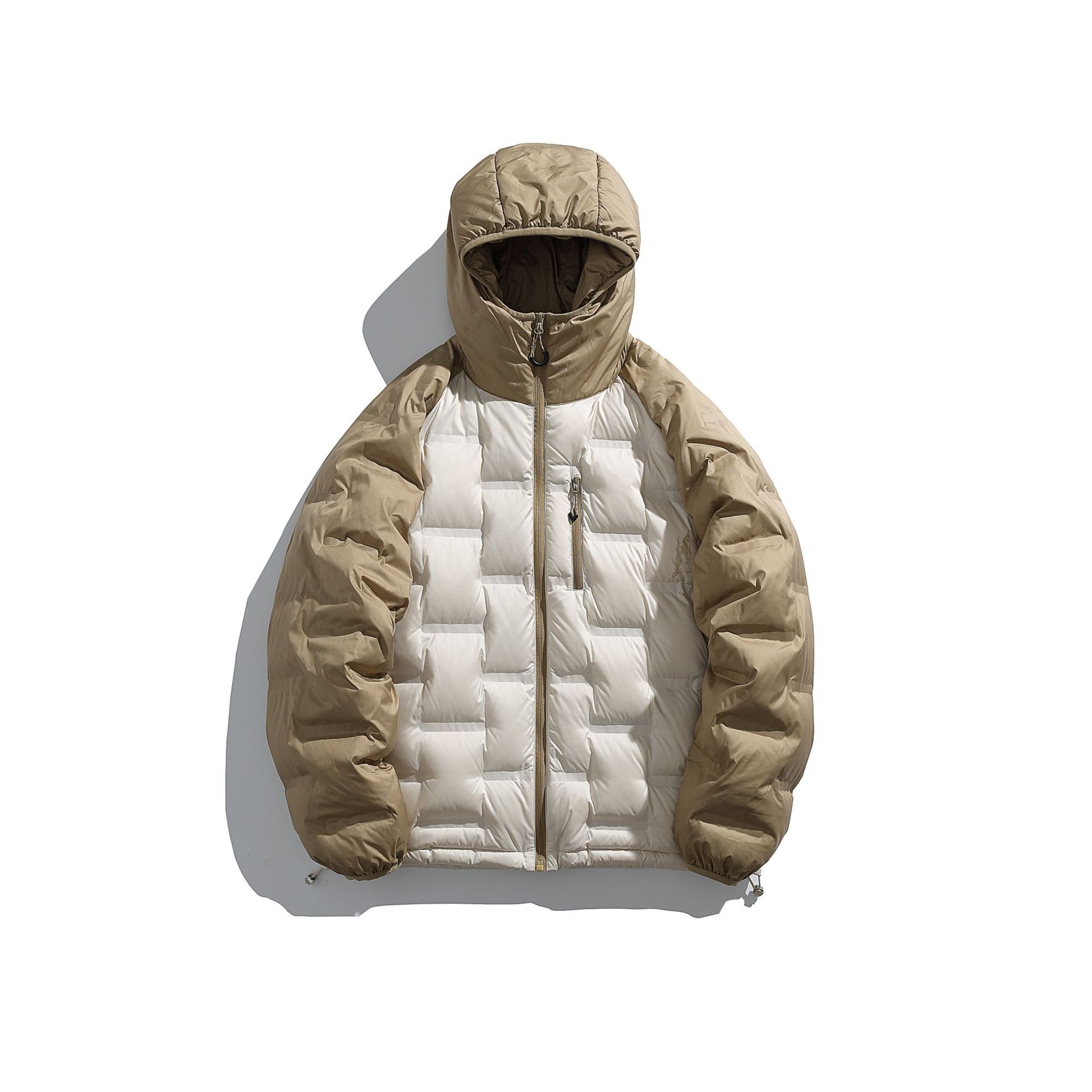 潮牌戶外防風連帽輕薄羽絨服男女款拼接防潑水保暖加厚外套