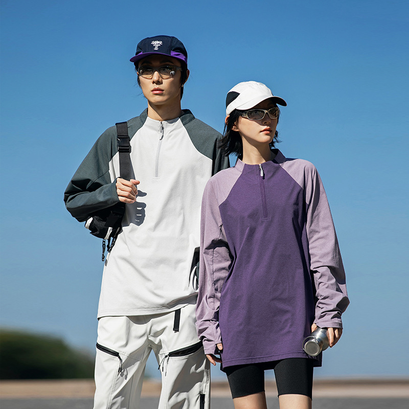 潮牌戶外運動速乾長袖T恤男半開拉鍊拼接通勤情侶款寬鬆上衣